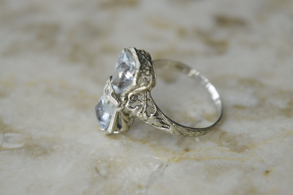 Antique Art Deco 14k White Gold Bow Tie Aquamarine and Diamond Ring