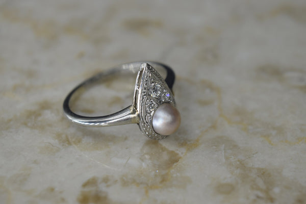 On HOLD- Antique Art Deco 14k White Gold Diamond and Pearl Ring