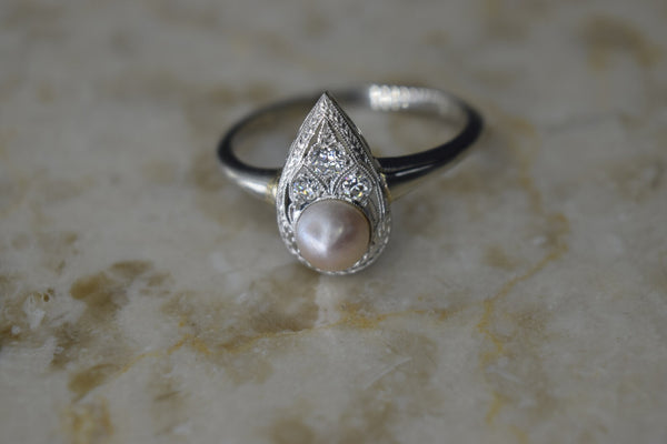 On HOLD- Antique Art Deco 14k White Gold Diamond and Pearl Ring