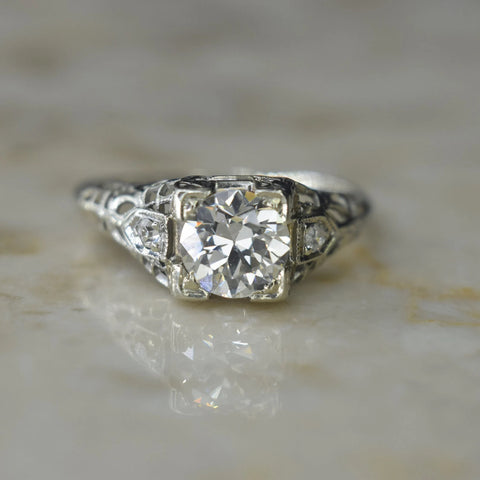 Antique 18k White Gold Engagement Ring with .82 ct Ild European Cut Diamond