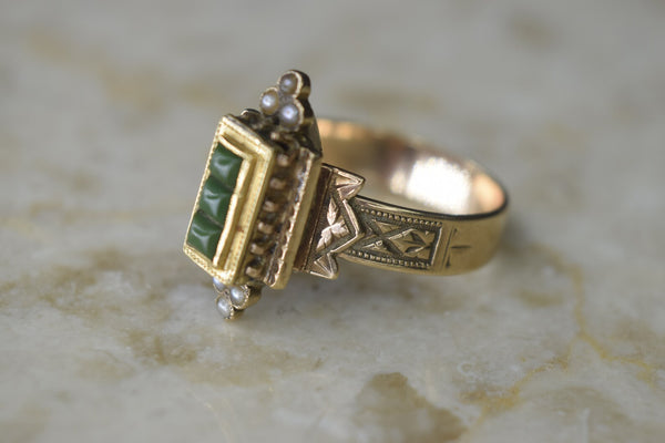 Antique Victorian 14k Gold Green Turquoise and Seed Pearl Ring c.1880s