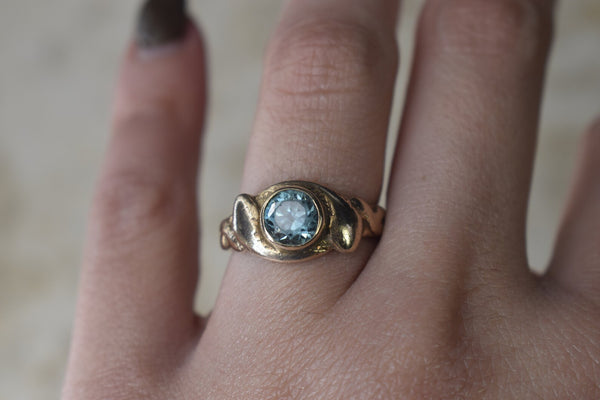 Antique Victorian 14k Gold Double Snake Ring with Blue Zircon c.1890s