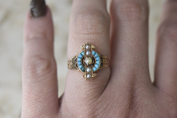 Antique Victorian 14k Gold Ring with Turquoise and Seed Pearls Dated 1887
