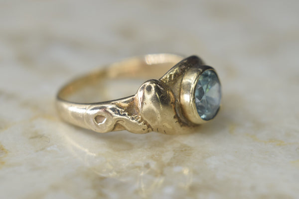 Antique Victorian 14k Gold Double Snake Ring with Blue Zircon c.1890s
