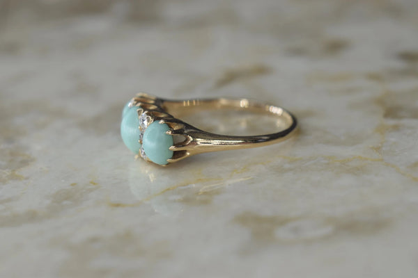 Antique Victorian 14k Gold Turquoise and Old Mine Cut Diamond Ring c.1890s