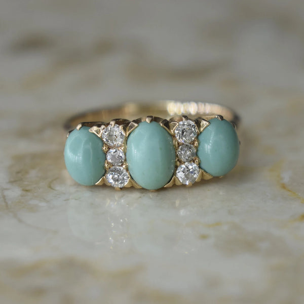 Antique Victorian 14k Gold Turquoise and Old Mine Cut Diamond Ring c.1890s