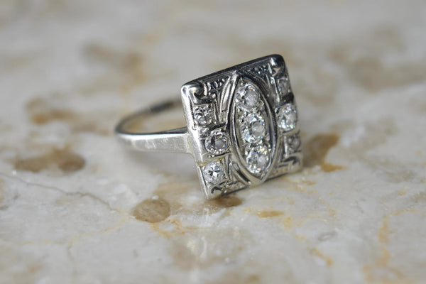 Antique Art Deco 18k White Gold Square Diamond Ring