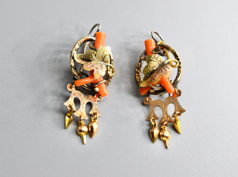 Antique Victorian Coral Earrings Gold Filled Leaf Earrings