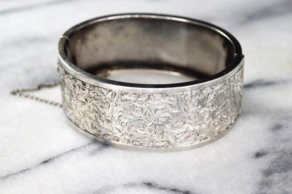 Antique Victorian Sterling Silver Hinged Bangle Bracelet With Engraved Ivy Leaves
