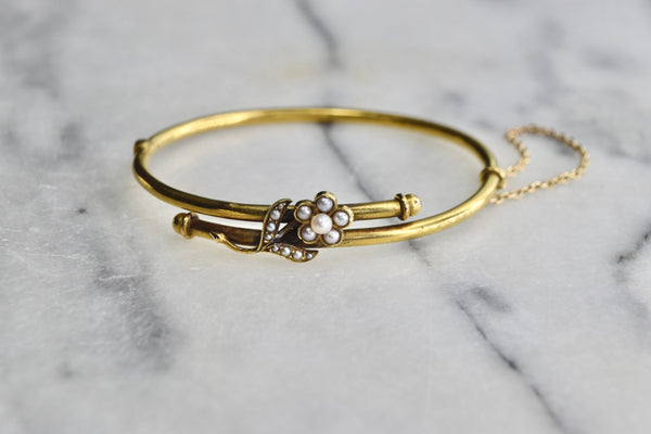 Antique Edwardian 14k Gold Hinged Bangle Bracelet with Pearl Flower