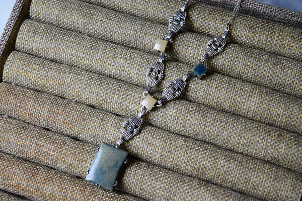 Antique Art Deco Necklace Sterling Silver Sodalite and Marcasite c.1920