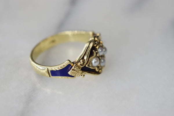 Antique 14k Gold Ring with Blue Enamel and Pearls c.1880s