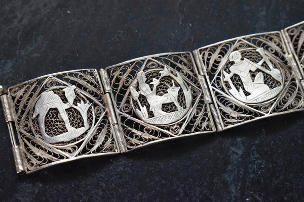 Vintage Egyptian Revival Silver Filigree Panel Bracelet c.1970s