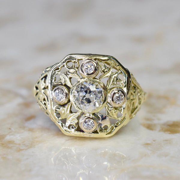 Antique 18k Gold Filigree Ring with .71 TCW Old Mine Cut Diamonds