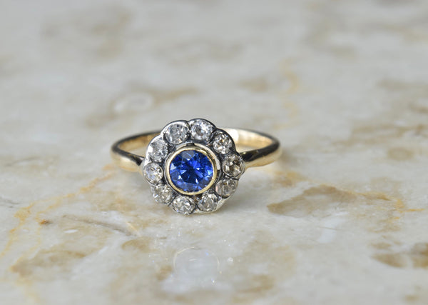 Antique 14k Gold Sapphire and Old Mine Cut Diamond Halo Ring