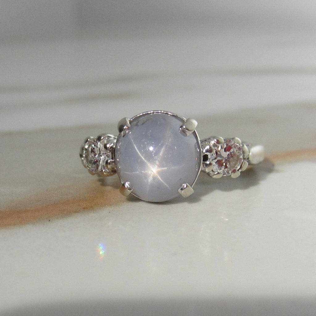 Vintage 14k White Gold Star Sapphire and Diamond Ring c.1950s