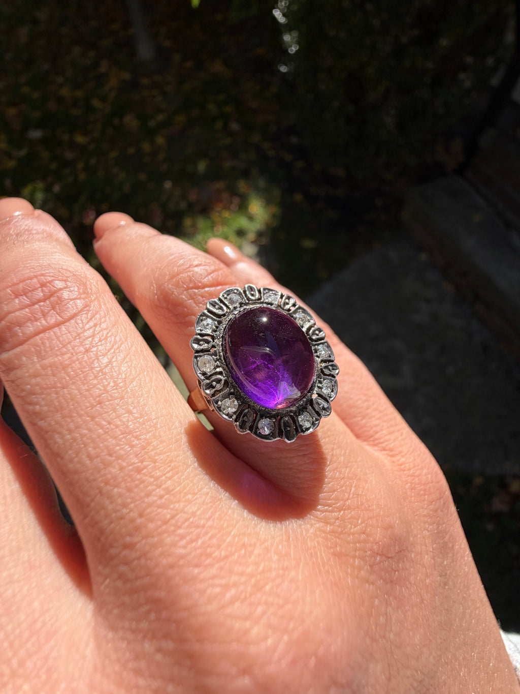Antique Victorian Ring, 18k Gold and Silver, Amethyst Cabochon, Diamond Halo
