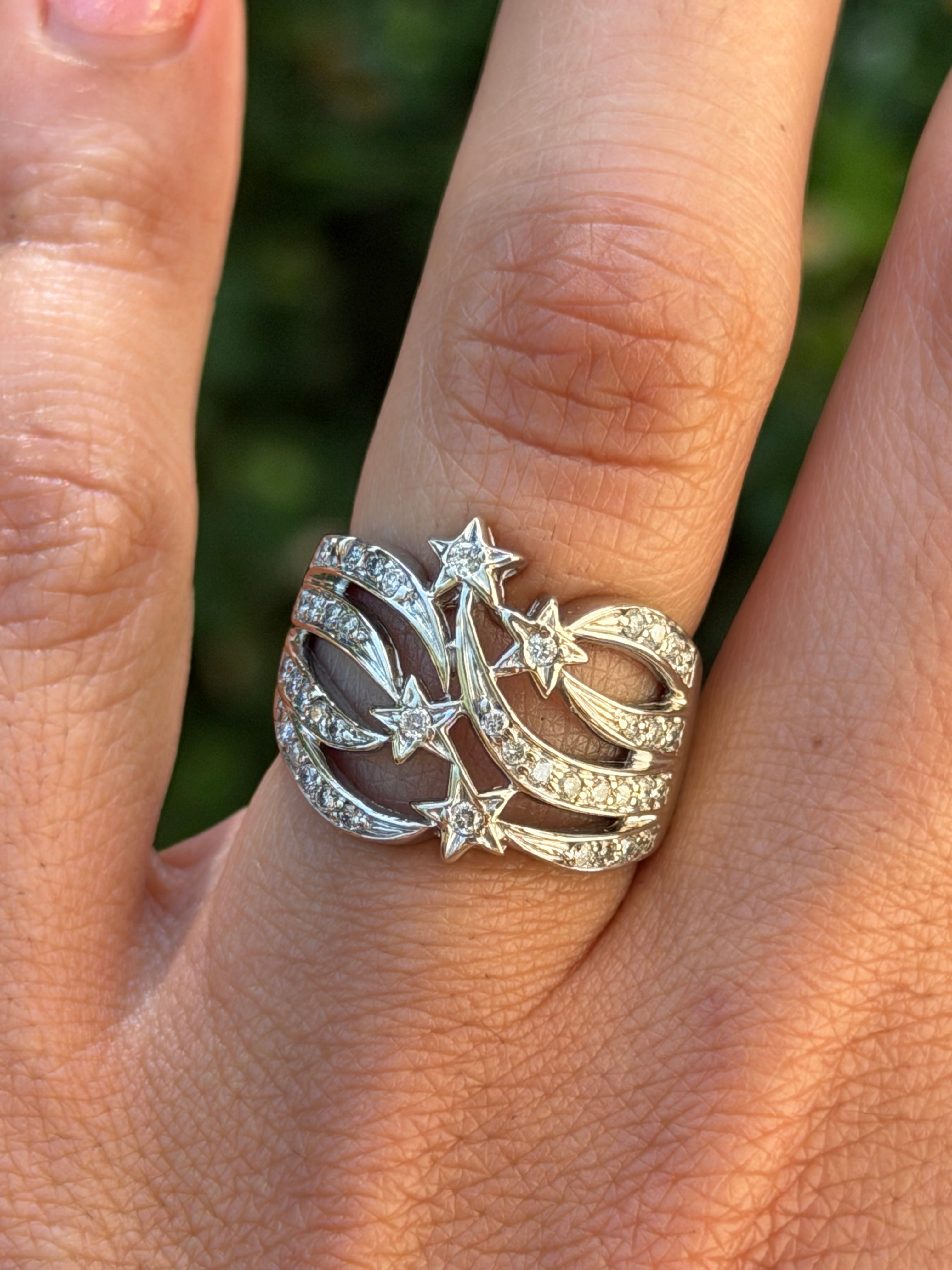 Vintage 14k White Gold Natural Diamond Shooting Star Ring Celestial Jewelry c.1980s
