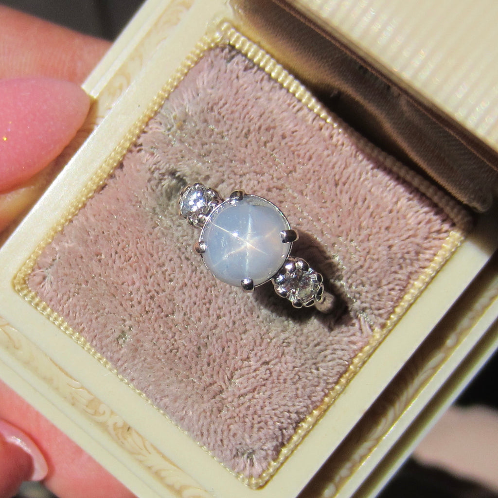 Vintage 14k White Gold Star Sapphire and Diamond Ring c.1950s