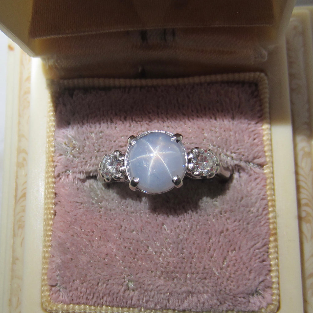 Vintage 14k White Gold Star Sapphire and Diamond Ring c.1950s
