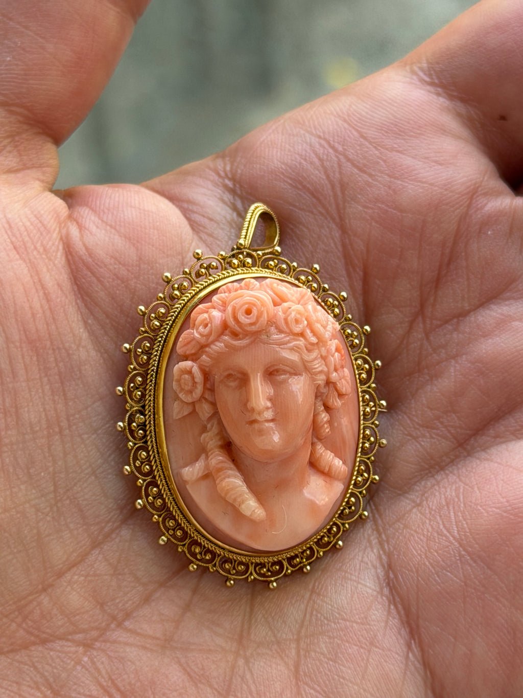 Antique Victorian Carved Coral Cameo in 12k Gold Filigree Pendant Brooch c.1880s
