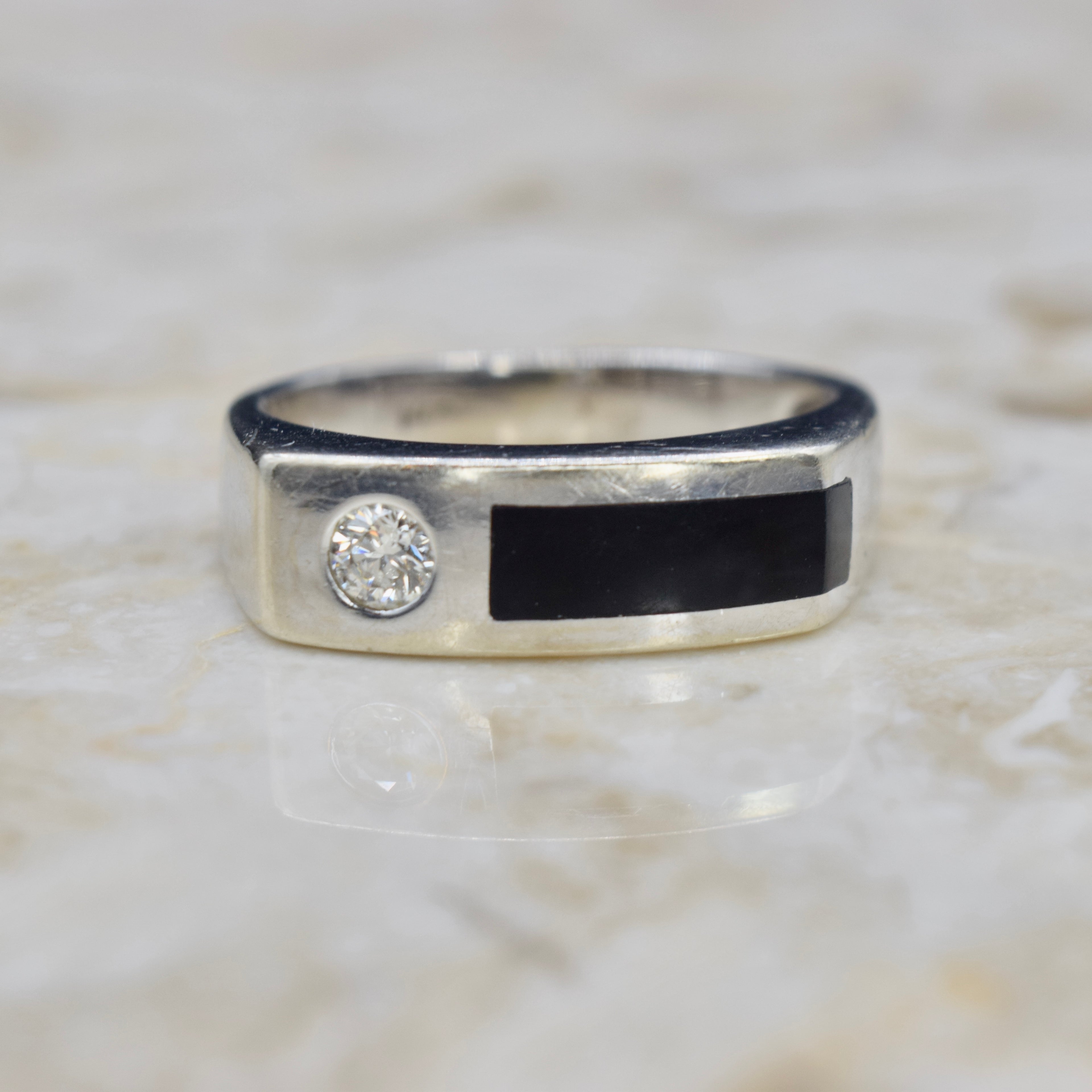 Vintage Modernist 14k White Gold Onyx and .15 ct Diamond Ring c.1970s