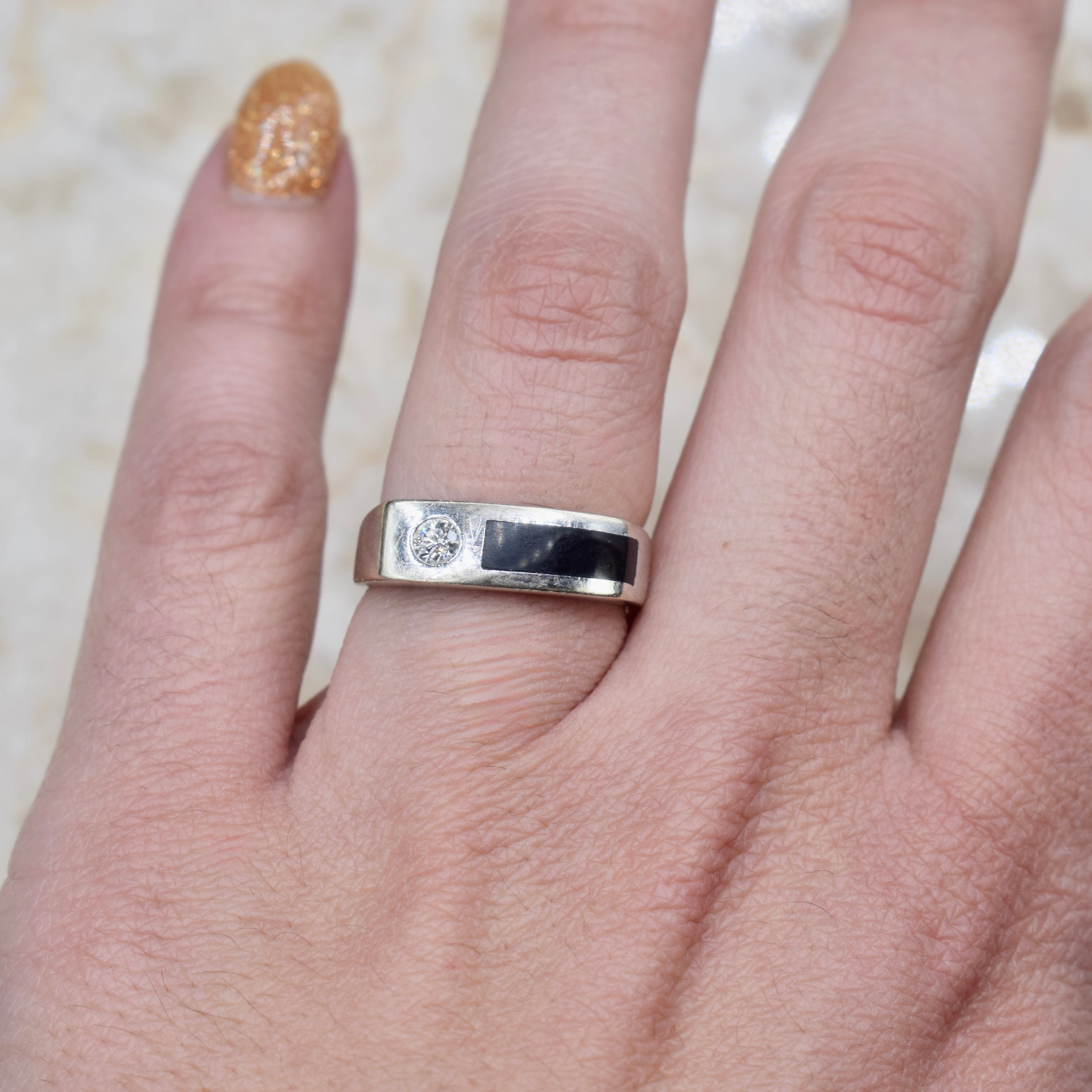 Vintage Modernist 14k White Gold Onyx and .15 ct Diamond Ring c.1970s