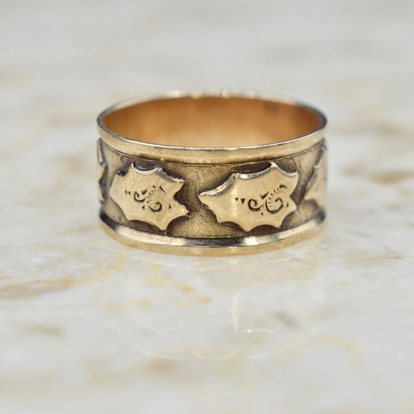 Antique Victorian 14k Gold Leaf Patterned Wide Band Ring c.1890s