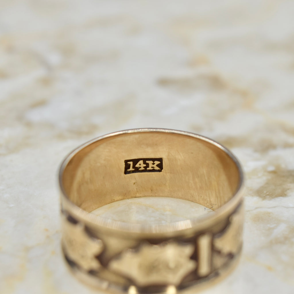 Antique Victorian 14k Gold Leaf Patterned Wide Band Ring c.1890s