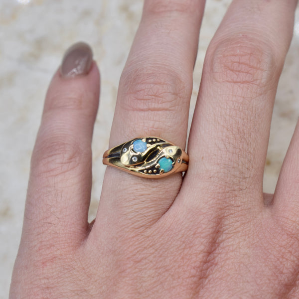 Vintage Victorian Revival 14k Gold Double Headed Snake Ring with Opal and Diamond