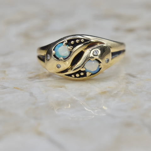 Vintage Victorian Revival 14k Gold Double Headed Snake Ring with Opal and Diamond