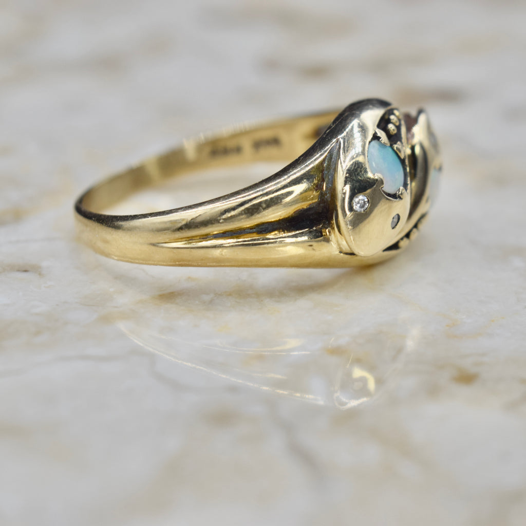 Vintage Victorian Revival 14k Gold Double Headed Snake Ring with Opal and Diamond