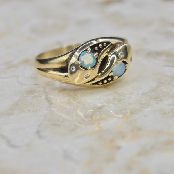 Vintage Victorian Revival 14k Gold Double Headed Snake Ring with Opal and Diamond