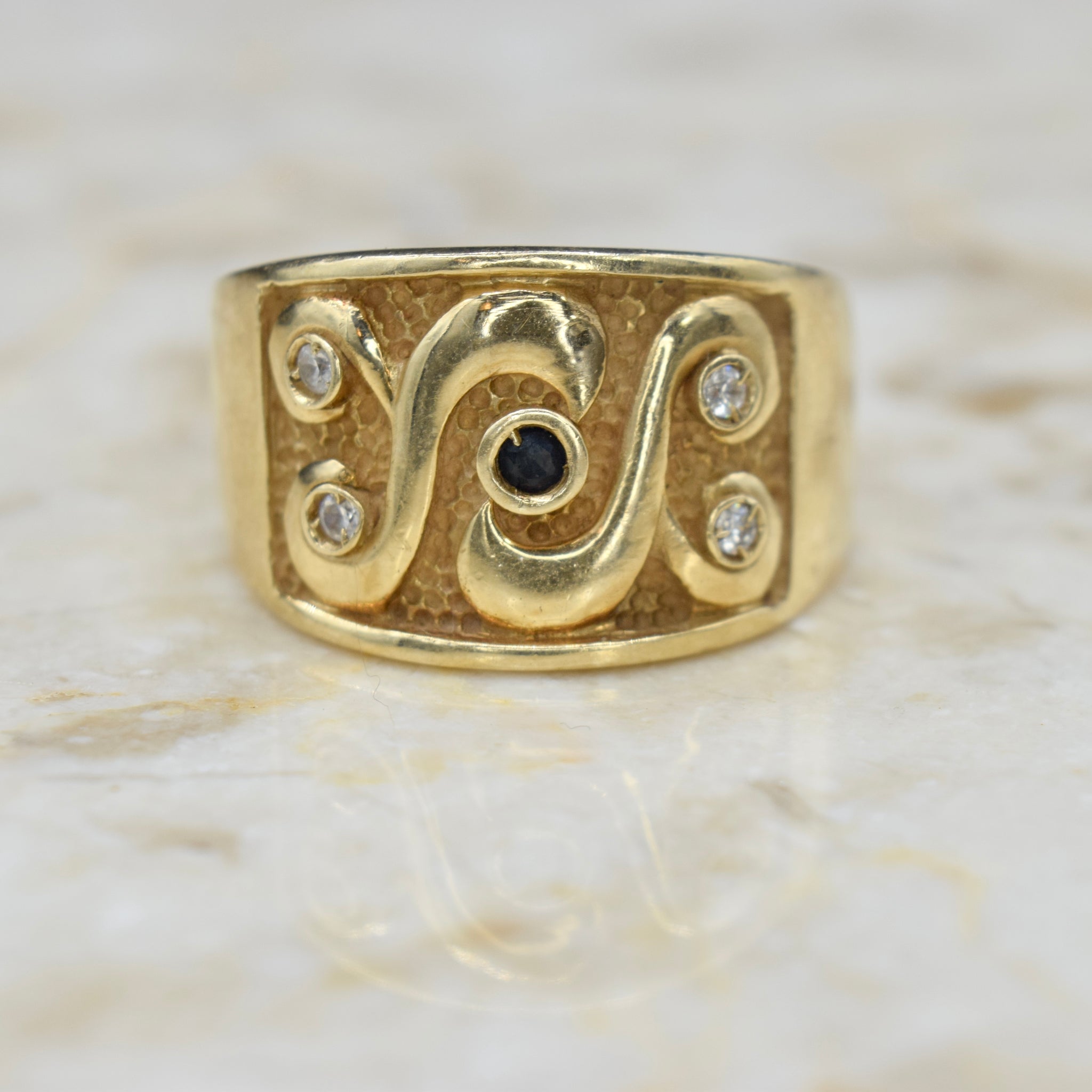 Vintage 14k Gold Diamond and Sapphire Tapered Wide Band c.1970s