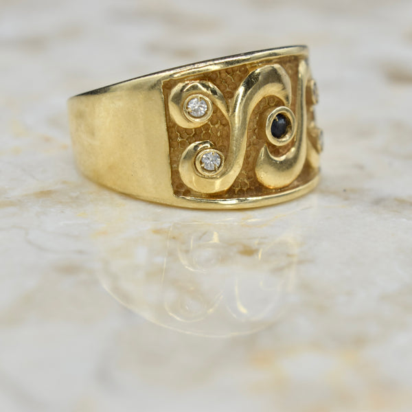 Vintage 14k Gold Diamond and Sapphire Tapered Wide Band c.1970s