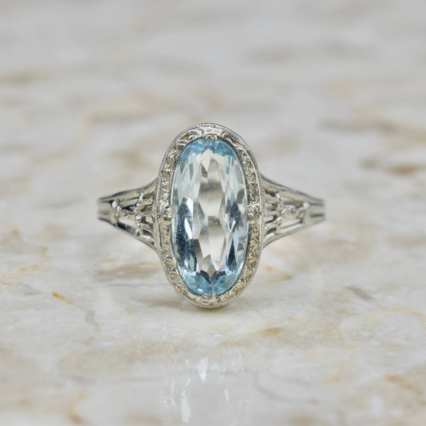 Antique Art Deco 14k White Gold Aquamarine Ring c.1920s