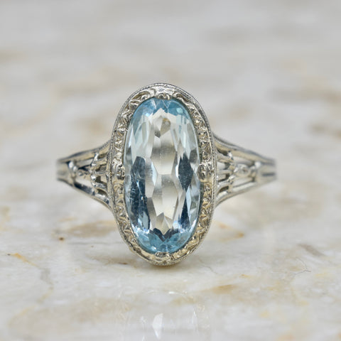 Antique Art Deco 14k White Gold Aquamarine Ring c.1920s