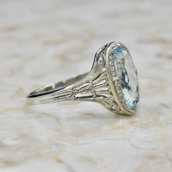 Antique Art Deco 14k White Gold Aquamarine Ring c.1920s