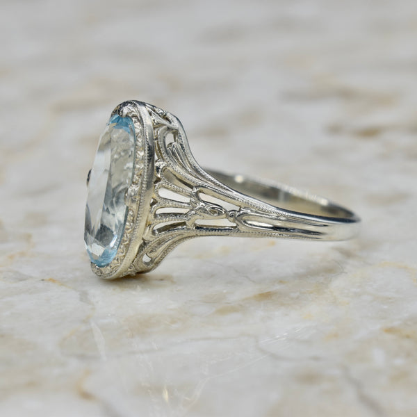 Antique Art Deco 14k White Gold Aquamarine Ring c.1920s