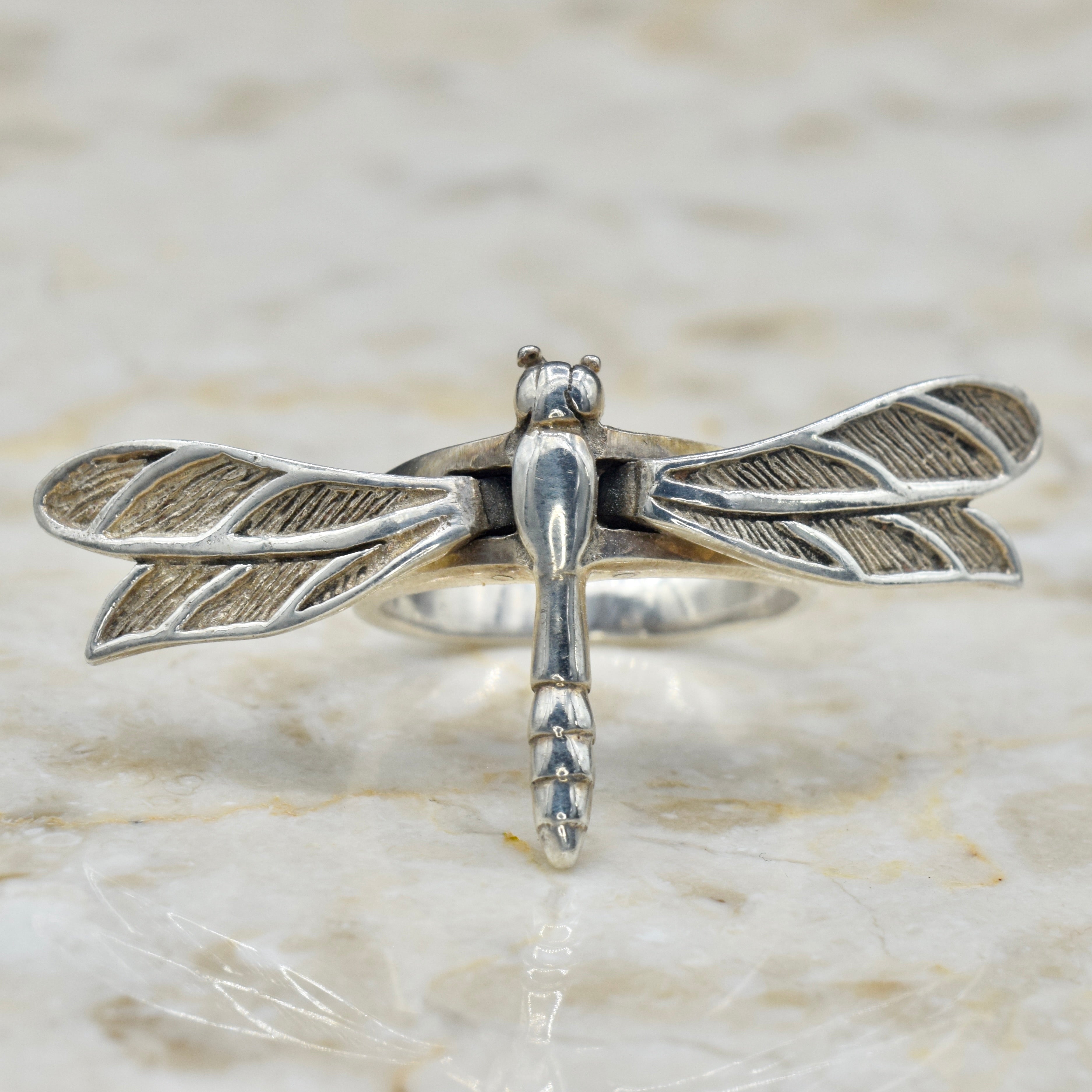 Vintage Sterling Silver Kinetic Dragonfly Ring c.1990s