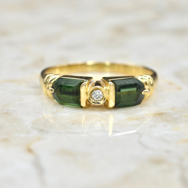 Vintage Japanese 18k Gold Green Tourmaline and Diamond Ring c.1990s