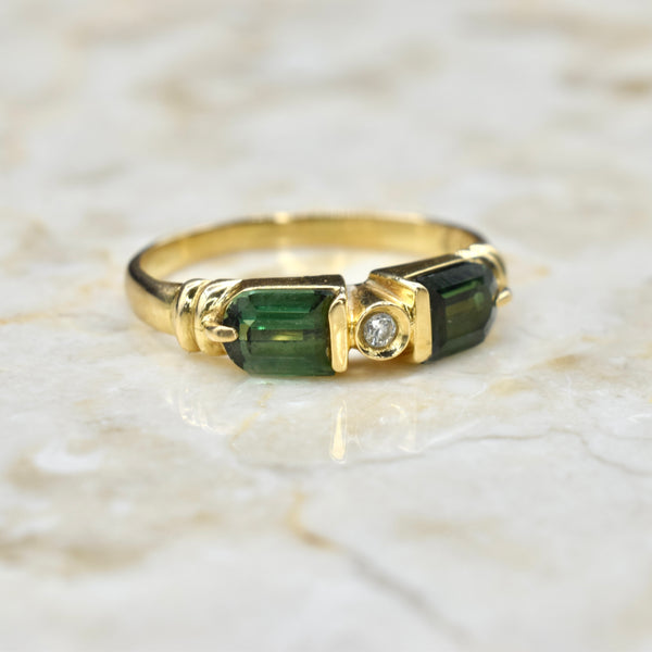 Vintage Japanese 18k Gold Green Tourmaline and Diamond Ring c.1990s