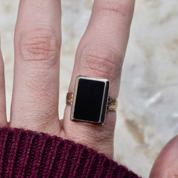 Antique Victorian 14k Gold Onyx Signet Ring Inscribed H.J.B. c.1880s