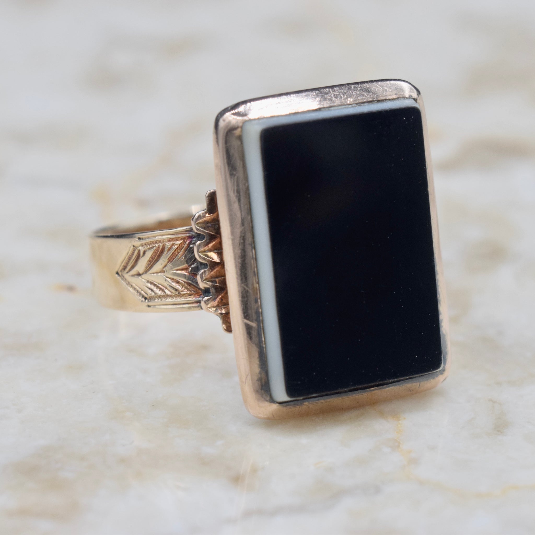 Antique Victorian 14k Gold Onyx Signet Ring Inscribed H.J.B. c.1880s