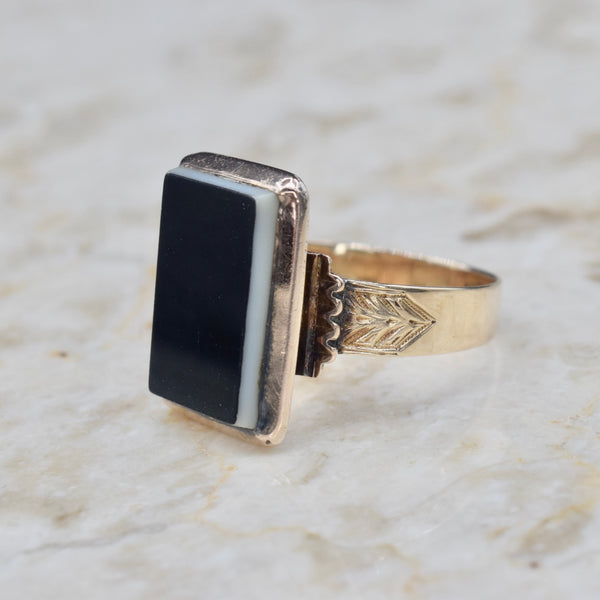 Antique Victorian 14k Gold Onyx Signet Ring Inscribed H.J.B. c.1880s