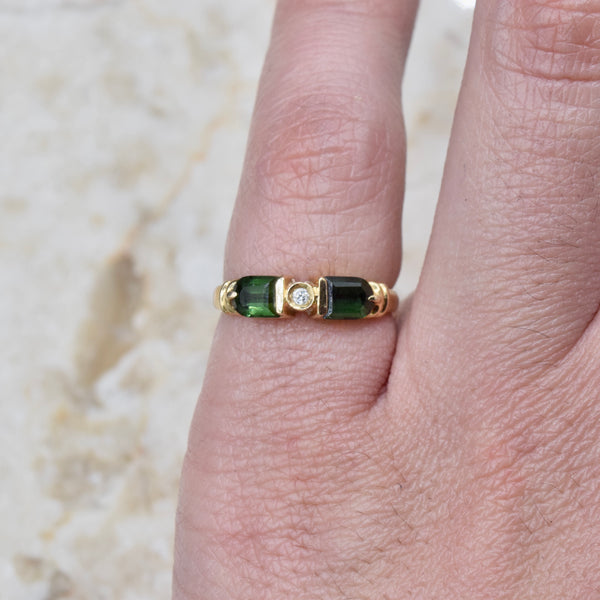 Vintage Japanese 18k Gold Green Tourmaline and Diamond Ring c.1990s