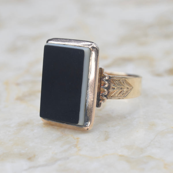 Antique Victorian 14k Gold Onyx Signet Ring Inscribed H.J.B. c.1880s