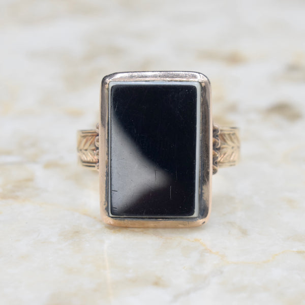 Antique Victorian 14k Gold Onyx Signet Ring Inscribed H.J.B. c.1880s