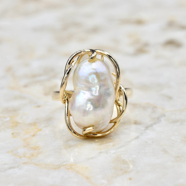 Vintage 14k Gold Baroque Pearl Wirework Ring c.1970s