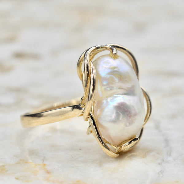 Vintage 14k Gold Baroque Pearl Wirework Ring c.1970s